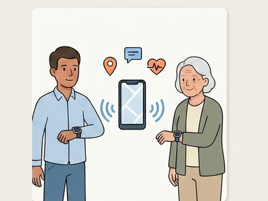 An adult and an older woman wearing connected watches, with alerts flowing to a phone