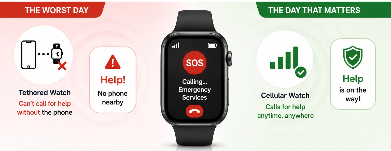 Two panels compared. Left, labelled The Worst Day: a phone and watch with a broken link and a red cross, captioned tethered watch cannot call for help without the phone. Right, labelled The Day That Matters: a full signal bar with a green check, captioned cellular watch calls for help anytime, anywhere. Centre: a watch screen showing an SOS call to emergency services.