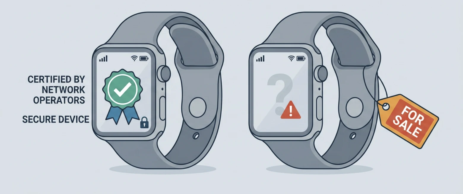 Two near-identical smartwatches side by side: one labeled certified by network operators and secure, the other showing a question mark and warning symbol with a for-sale tag