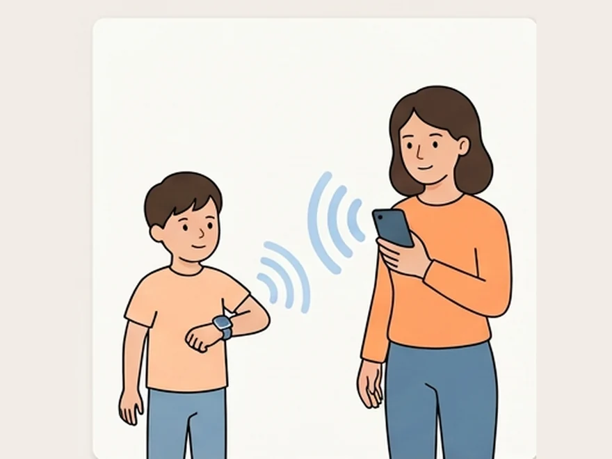 A child wearing a GPS smartwatch, with a parent checking the companion app on a phone