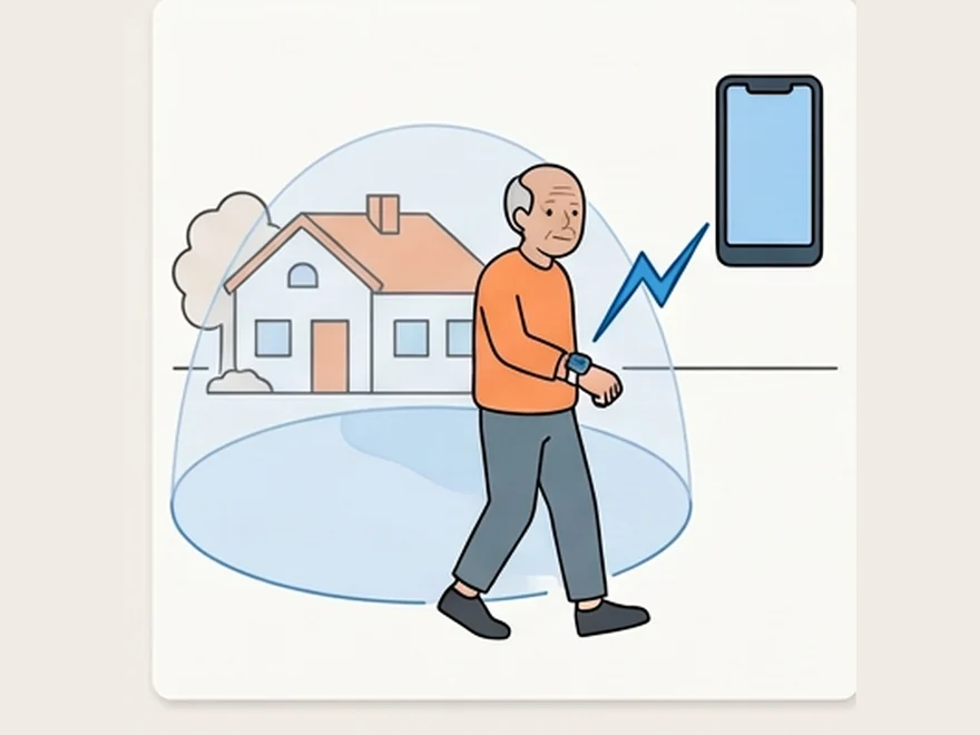 An older man walking near home wearing a locator device, with a geofence around the property