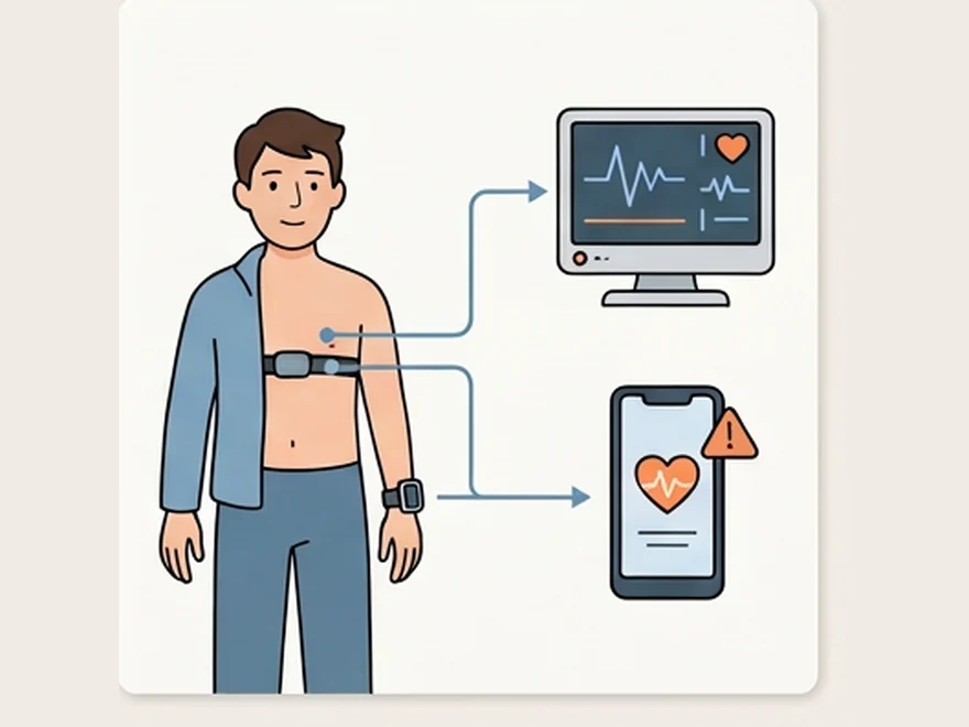 A person wearing a chest sensor and watch, with readings sent to a monitor and phone