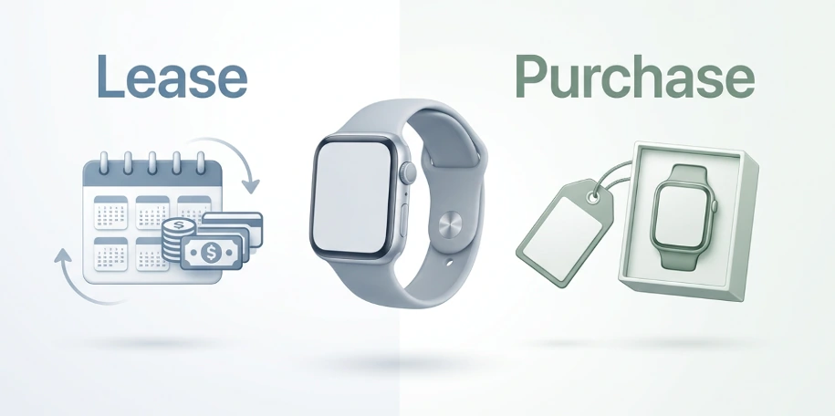 A smartwatch in the centre, split between two options. Left, labelled Lease: a calendar with recurring monthly payments and arrows showing a repeating cycle. Right, labelled Purchase: a boxed watch with a price tag, bought outright.