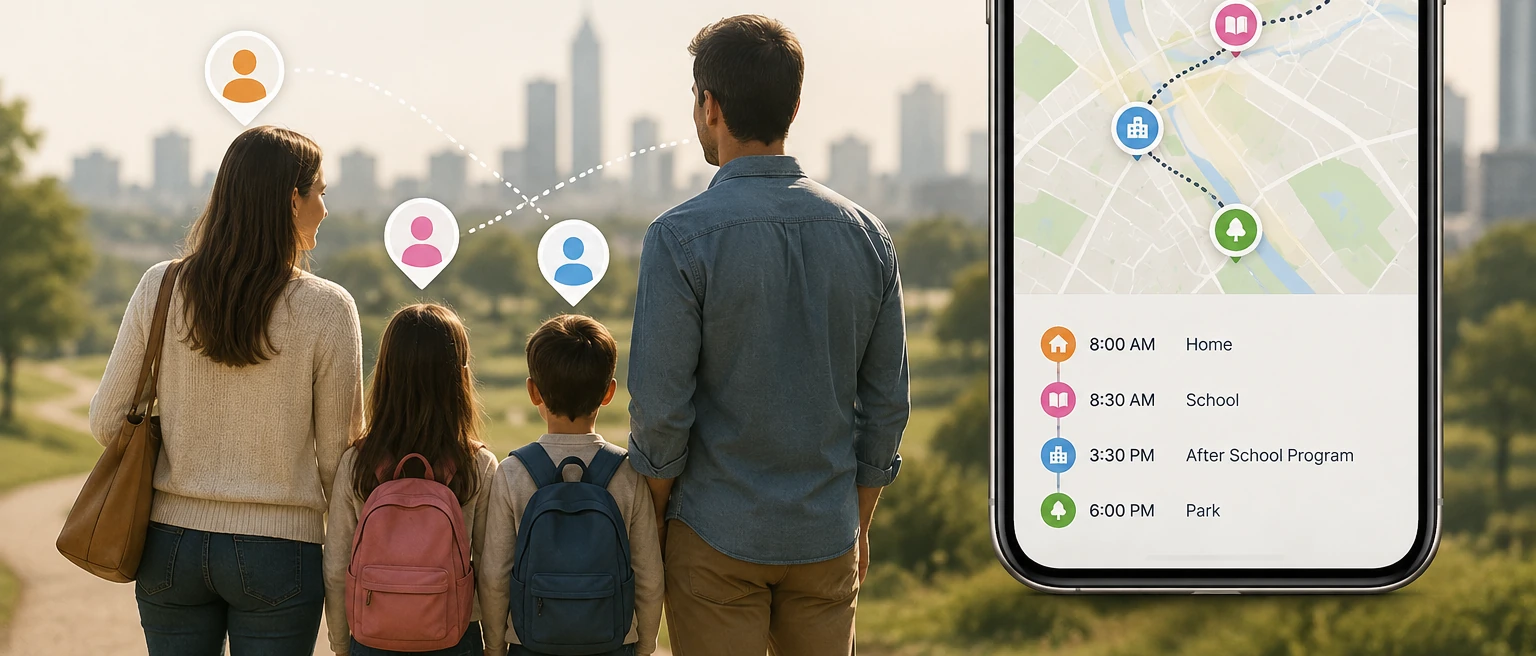 A family of four seen from behind looking at a city skyline, each with a coloured location pin floating above them, linked by dotted lines. Beside them, a phone shows a location history screen listing Home at 8:00 AM, School at 8:30 AM, After School Program at 3:30 PM and Park at 6:00 PM.