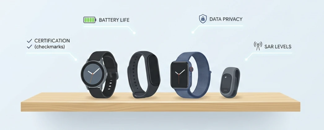 Four connected wearables lined up on a shelf, labeled with the things we assess: certification, battery life, data privacy and SAR levels