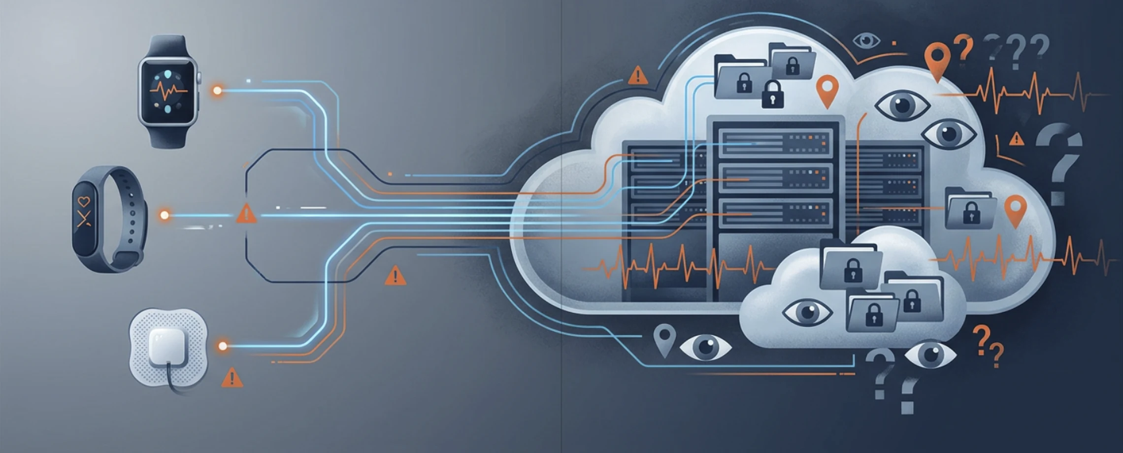Wearables including a smartwatch, fitness band and health patch sending data along cables into cloud servers filled with locked folders, location pins, watching eyes and question marks